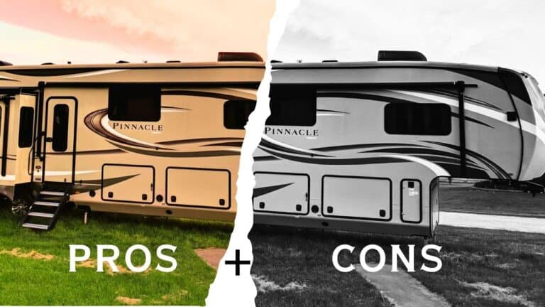 Split image of a Pinnacle fifth-wheel RV, with one half in color labeled “PROS” and the other in black and white labeled “CONS.” A visual metaphor for weighing the pros and cons of RV living.