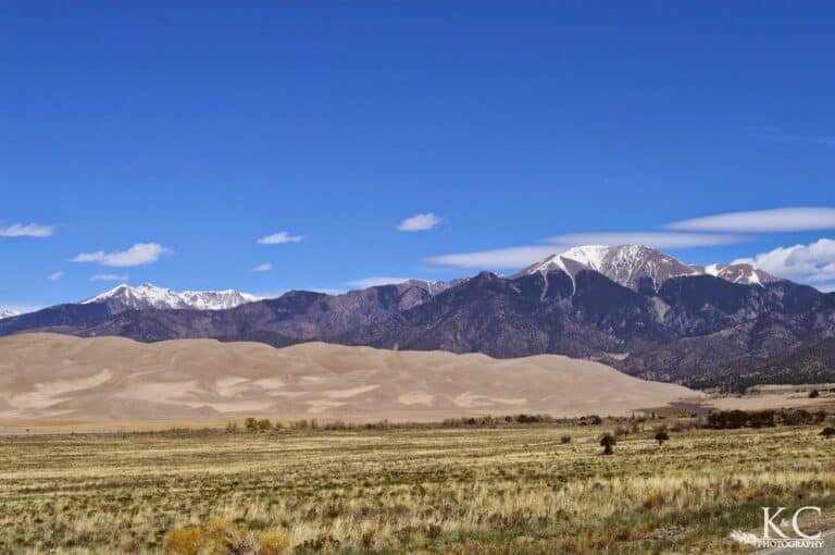 The sand dunes of Great Sand Dunes National Park Colorado are bordered by the Sangre de Cristo Mountains.