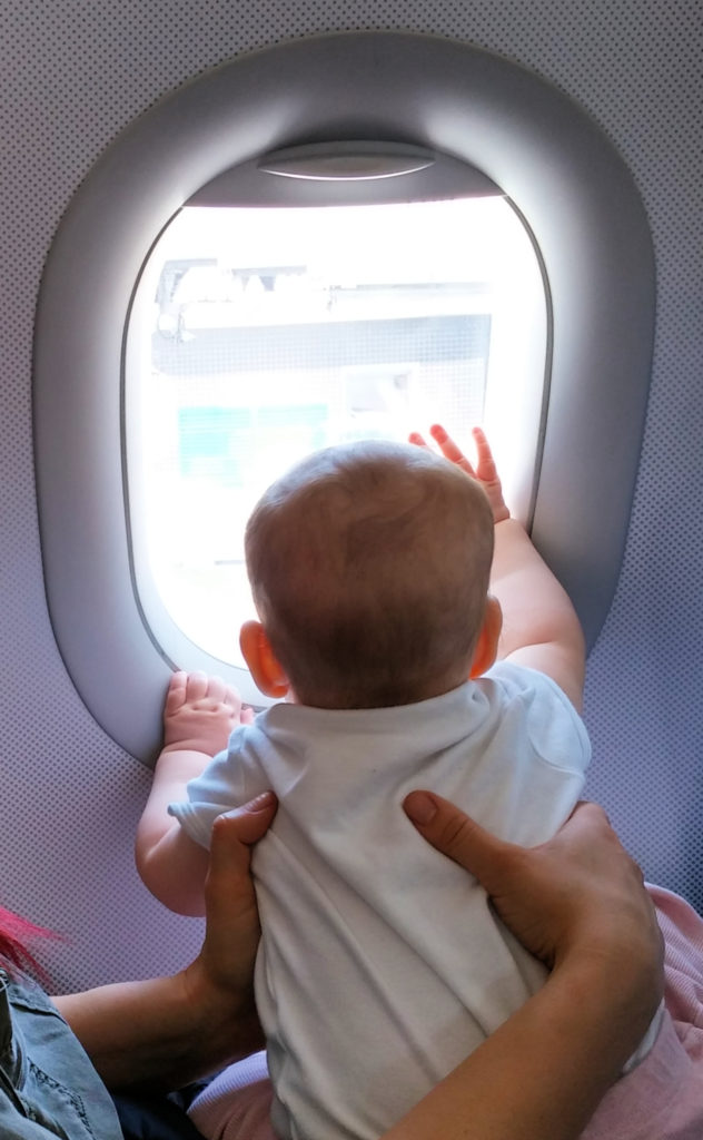 Baby looking out airplane window