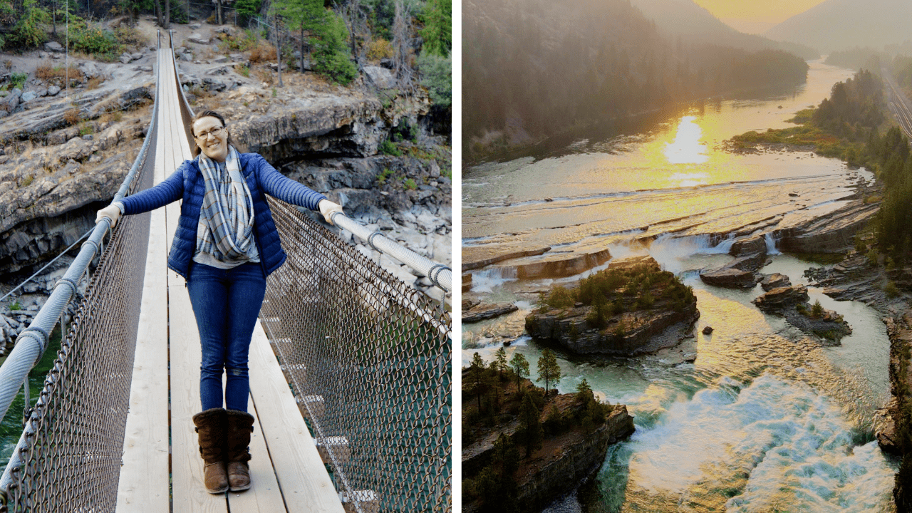Woman standing on the Kootenai Swinging Bridge & the Kootenai Falls from above