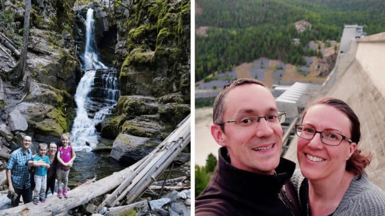Family in Northwest Montana in front of a waterfall and Libby Dam Lake Koocanusa