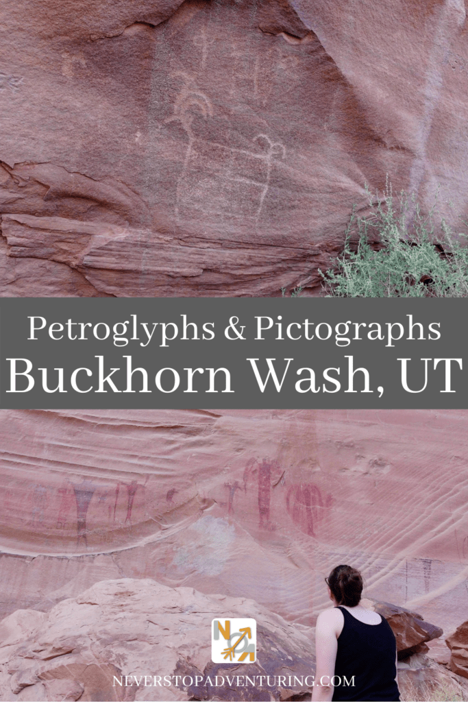 A Pinnable Image of a woman looking at the Buckhorn Wash, Utah Petroglyphs and Pictographs