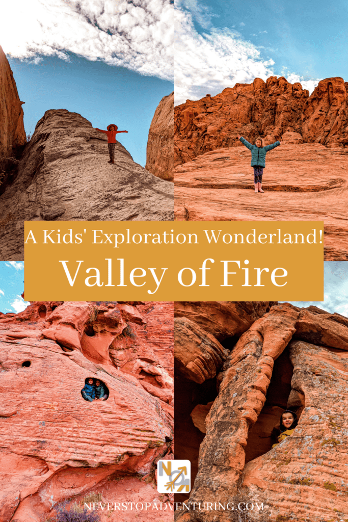 Pinnable image of kids enjoying exploring Valley of Fire rock scrambling