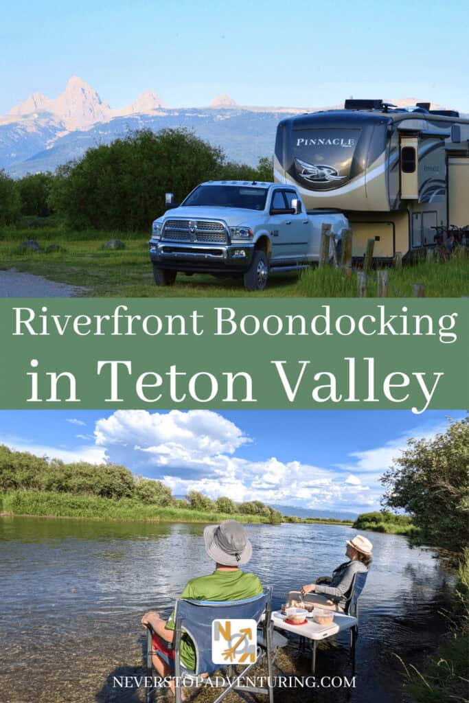 Pinnable image of a riverfront boondocking site in Teton Valley