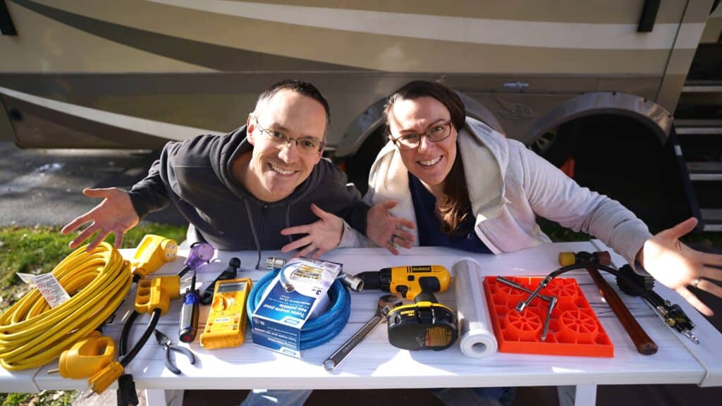 Couple showing gear for new RVers
