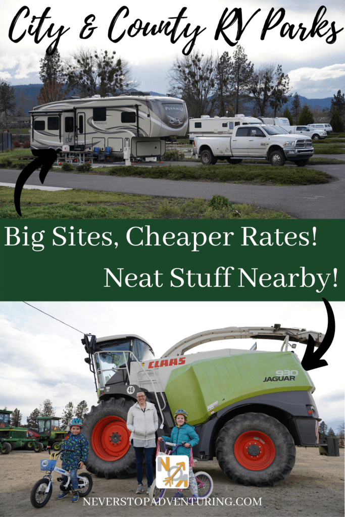 Pinnable image of fifth wheel at County RV Park & nearby tractor