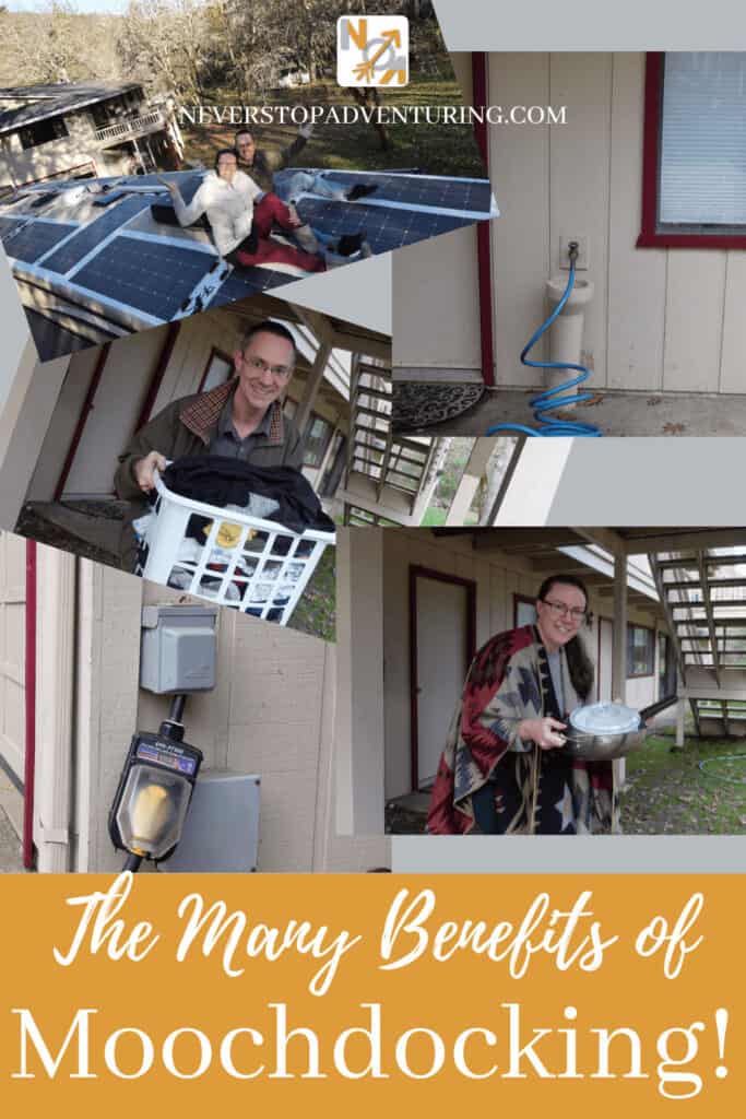 Pinnable image of couple showing many benefits of RV moochdocking