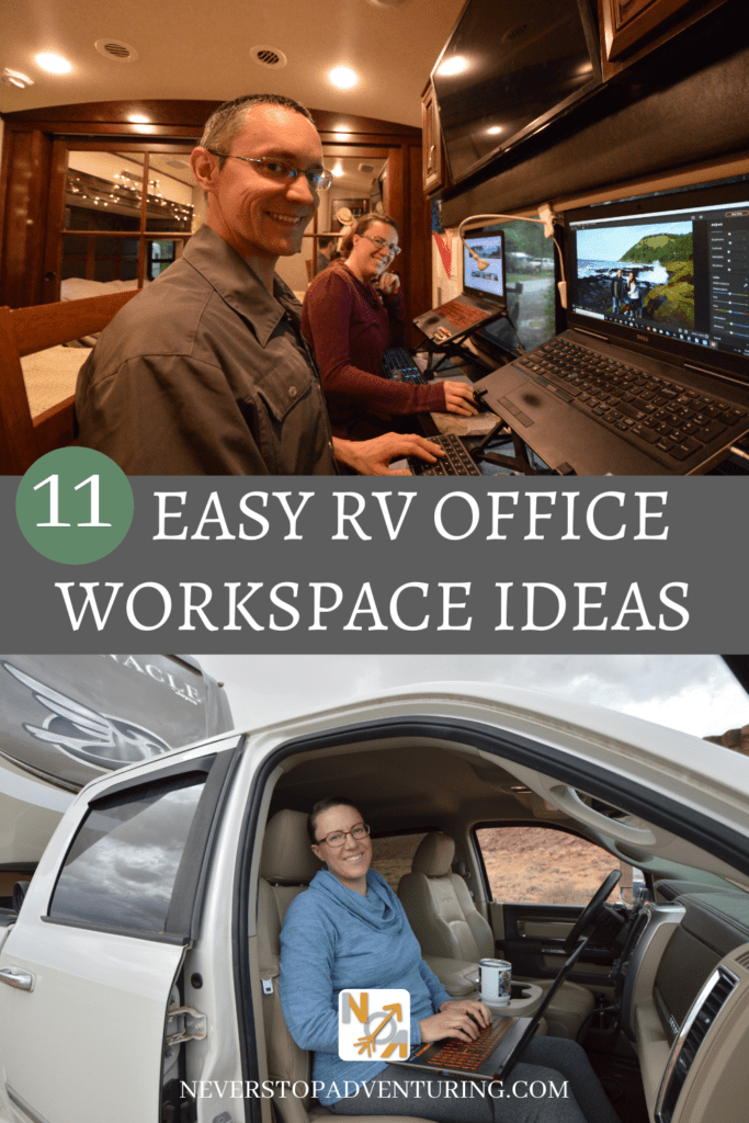 Pinnable image of couple at RV desk and woman working from truck