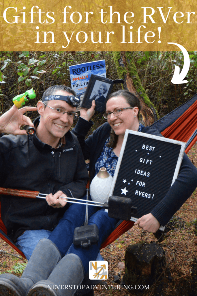 Pinnable image of couple sitting in hammock with RV gifts