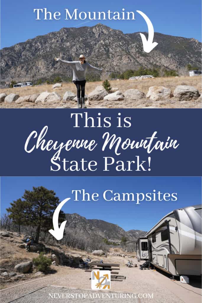 Woman in front of mountain and campsite at Cheyenne Mountain State Park