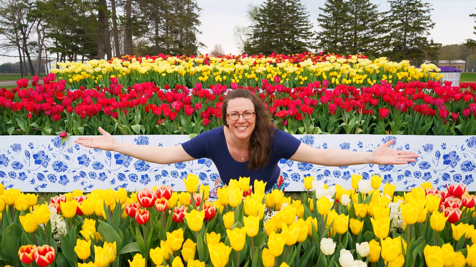 Woman standing among Tulip Time tulips in Holland Michigan