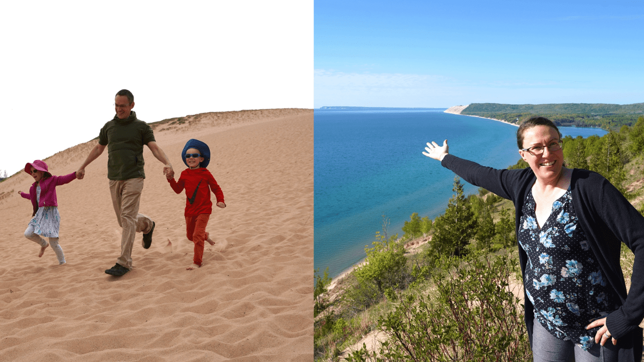 Family on dune at Sleeping Bear Dunes and overlooking the lakeshore